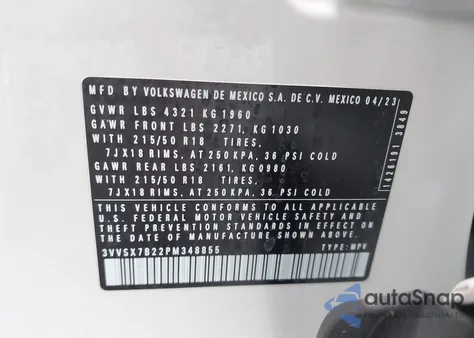 2023 Volkswagen Taos 1.5T Se из США, поврежденный, VIN 3VVSX7B22PM348855